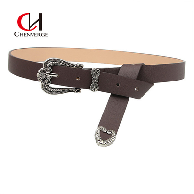 simple Ladies Leather Belt Retro Carved Zinc Alloy Buckle