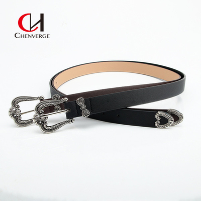 simple Ladies Leather Belt Retro Carved Zinc Alloy Buckle