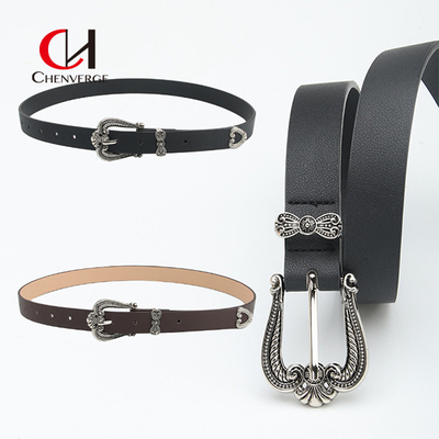 simple Ladies Leather Belt Retro Carved Zinc Alloy Buckle