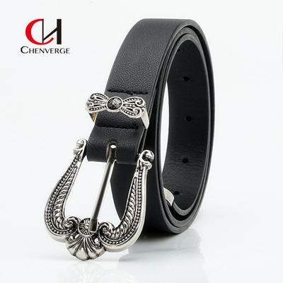 simple Ladies Leather Belt Retro Carved Zinc Alloy Buckle