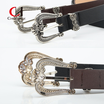 simple Ladies Leather Belt Retro Carved Zinc Alloy Buckle