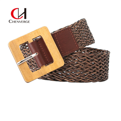 PU Retro Braided Belt Women'S Simple Resort Style Wood Buckle