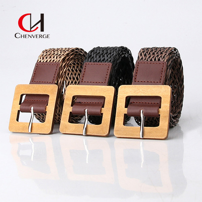 PU Retro Braided Belt Women'S Simple Resort Style Wood Buckle