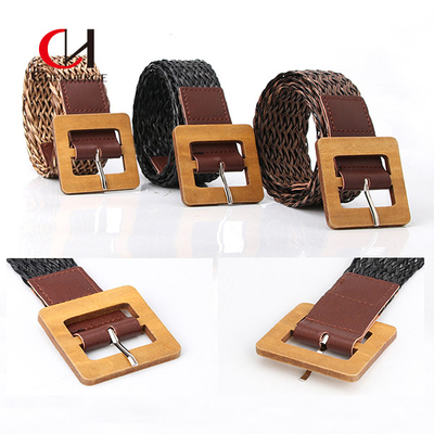 PU Retro Braided Belt Women'S Simple Resort Style Wood Buckle
