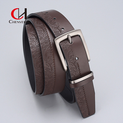 125cm Mens Embossed Leather Belt Zinc Alloy Needle Buckle Vintage