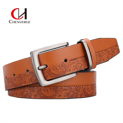 125cm Mens Embossed Leather Belt Zinc Alloy Needle Buckle Vintage