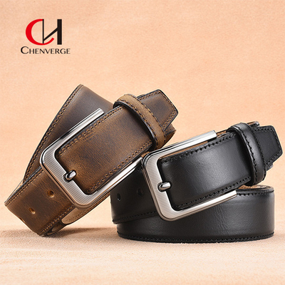 First Layer Cowhide Leather Belt Simple Needle Seven Level Electroplated Buckle