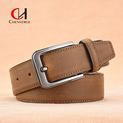 First Layer Cowhide Leather Belt Simple Needle Seven Level Electroplated Buckle