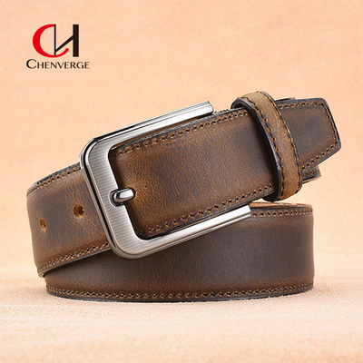 First Layer Cowhide Leather Belt Simple Needle Seven Level Electroplated Buckle