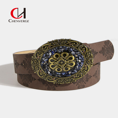 All Seasons Fashionable Vintage Leather Belt Tight Western Style Buckle 105cm Size